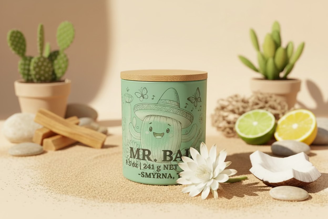 Green container with a wooden lid featuring a character and text on a wooden surface.