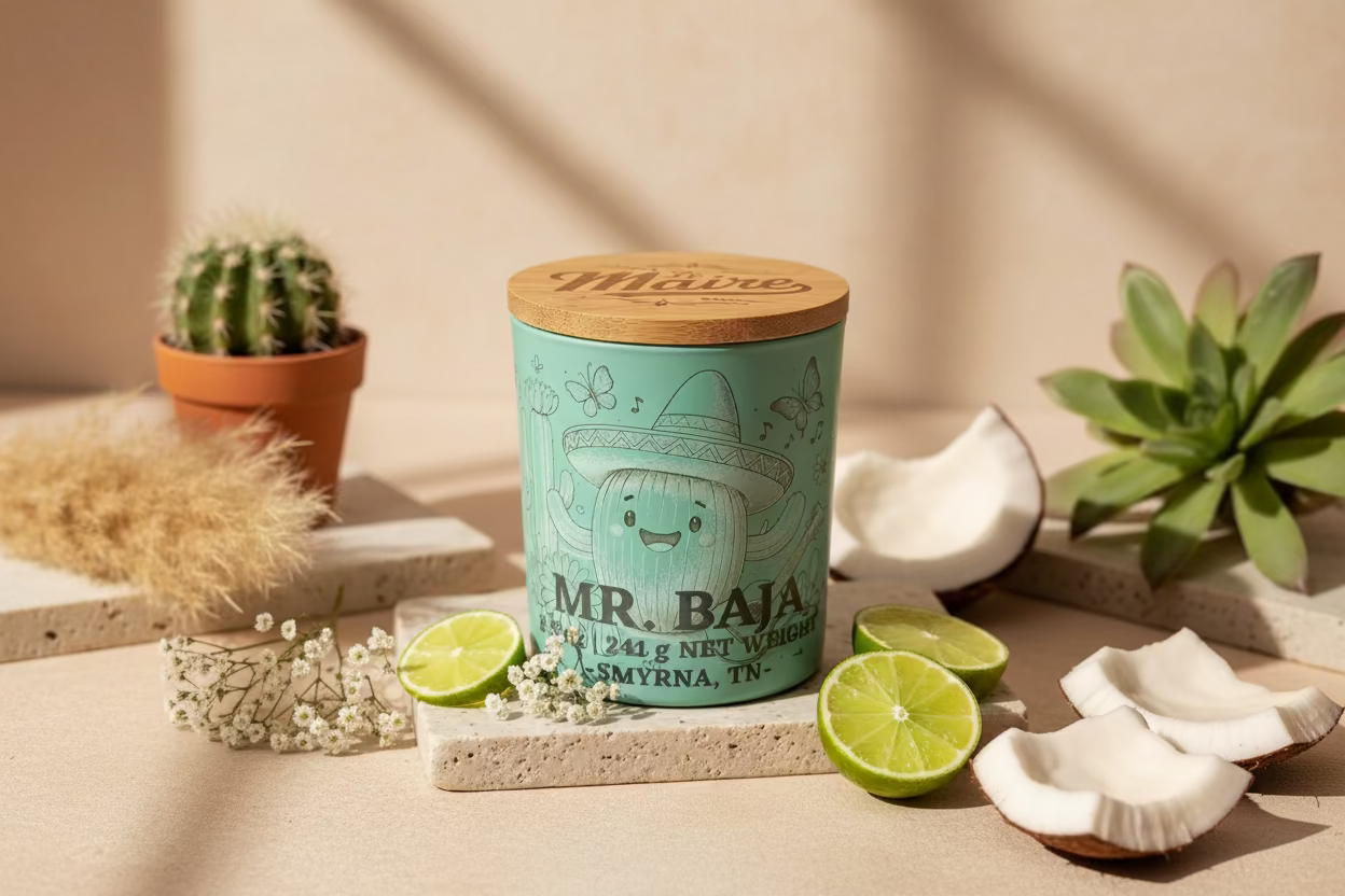 Green container with wooden lid featuring 'Mr. Baja' branding on a wooden surface.