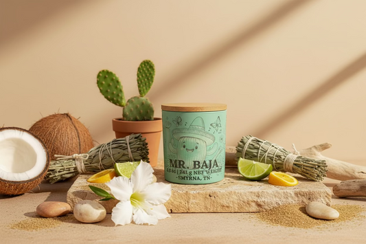 Green container with wooden lid on a wooden surface