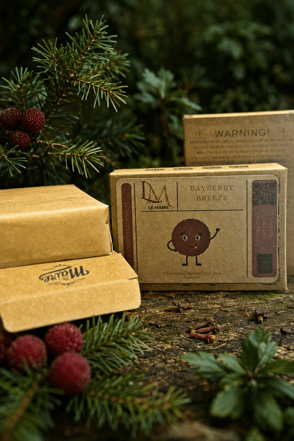 Bayberry Breeze wax melt packaging with pine, bayberry and warm clove styling | Le Maire