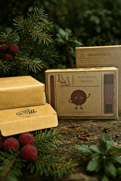 Bayberry Breeze wax melt packaging with pine, bayberry and warm clove styling | Le Maire