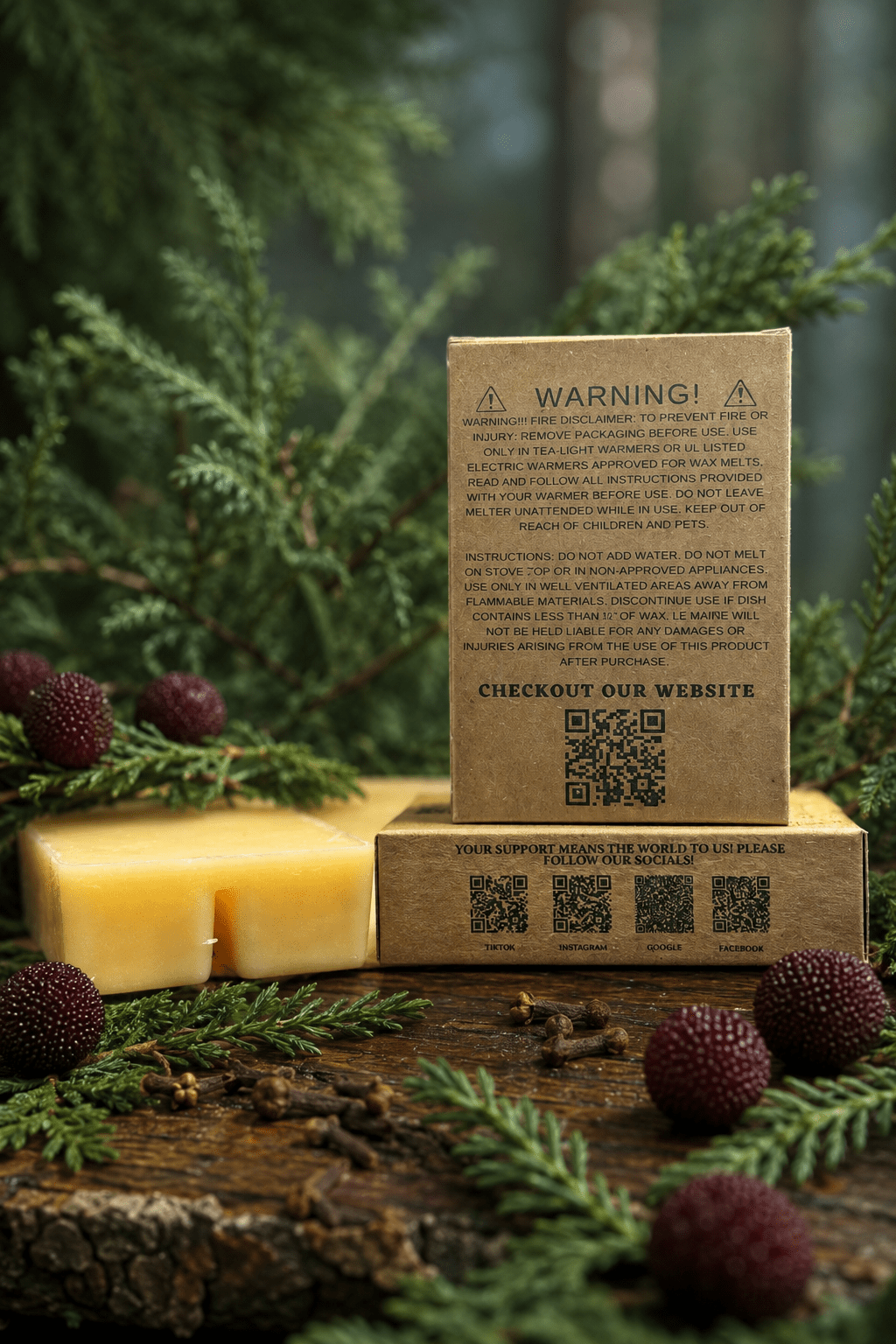 Bayberry Breeze wax melt box with forest greenery and warm spice accents | Le Maire