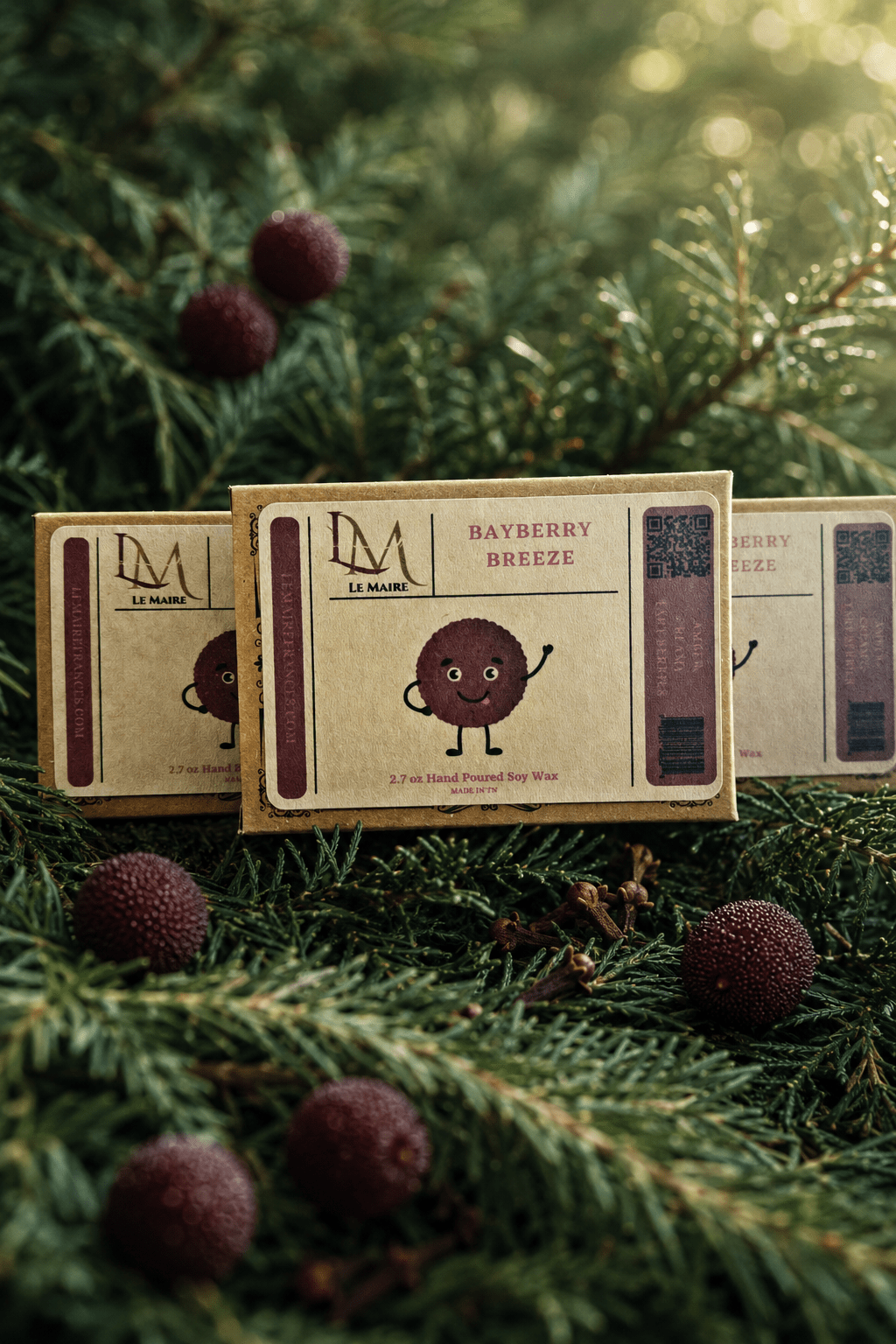 Bayberry Breeze handmade soy wax melt in a cool evergreen-inspired scene | Le Maire