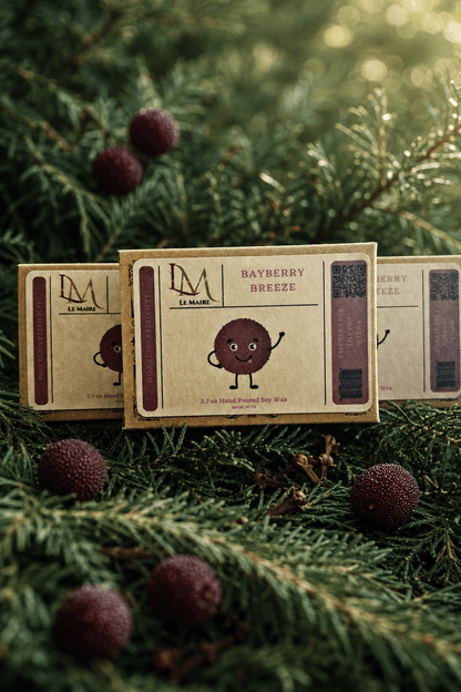 Bayberry Breeze handmade soy wax melt in a cool evergreen-inspired scene | Le Maire