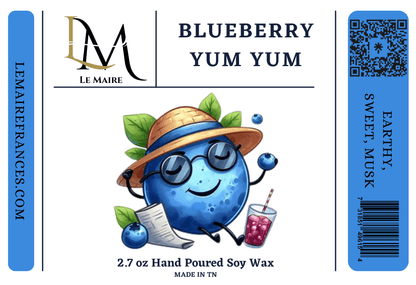 Blueberry Yum Yum wax melt label artwork with blueberry character