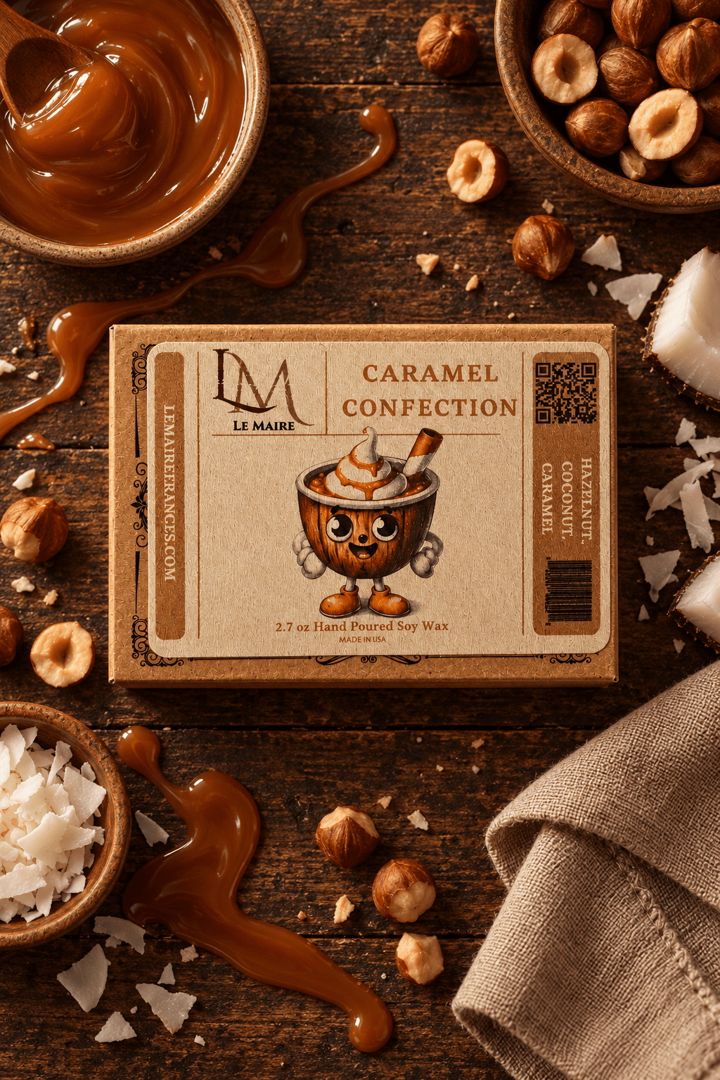 Caramel Confection handmade soy wax melt in a warm dessert-inspired scene | Le Maire