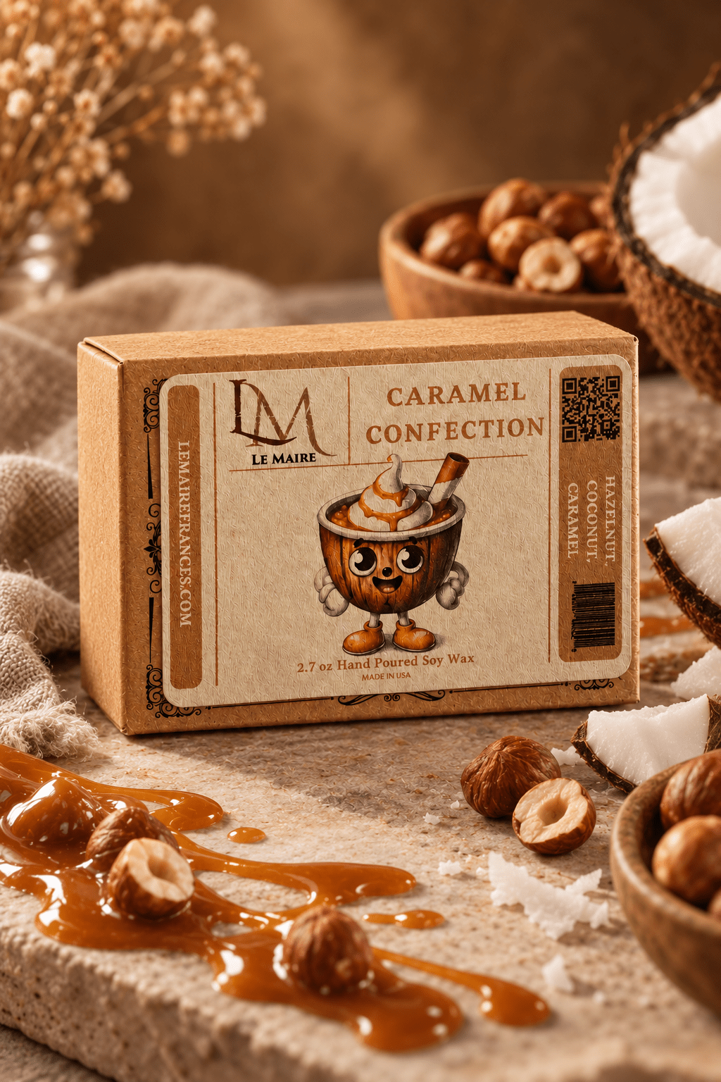 Caramel Confection wax melt packaging with caramel, hazelnut and coconut accents | Le Maire