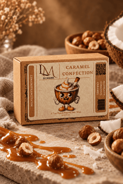 Caramel Confection wax melt packaging with caramel, hazelnut and coconut accents | Le Maire