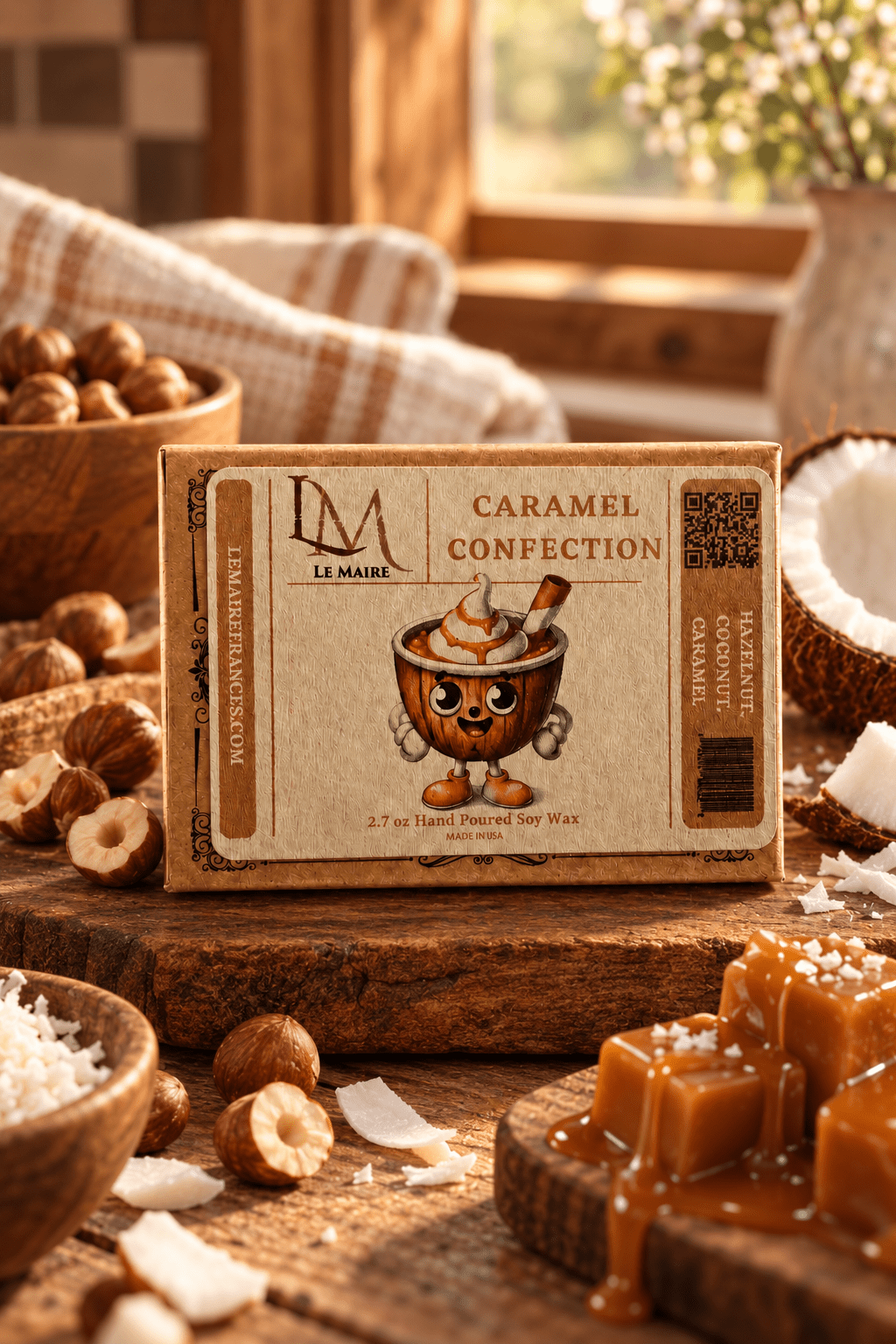 Caramel Confection soy wax melt styled with golden caramel and roasted hazelnut | Le Maire