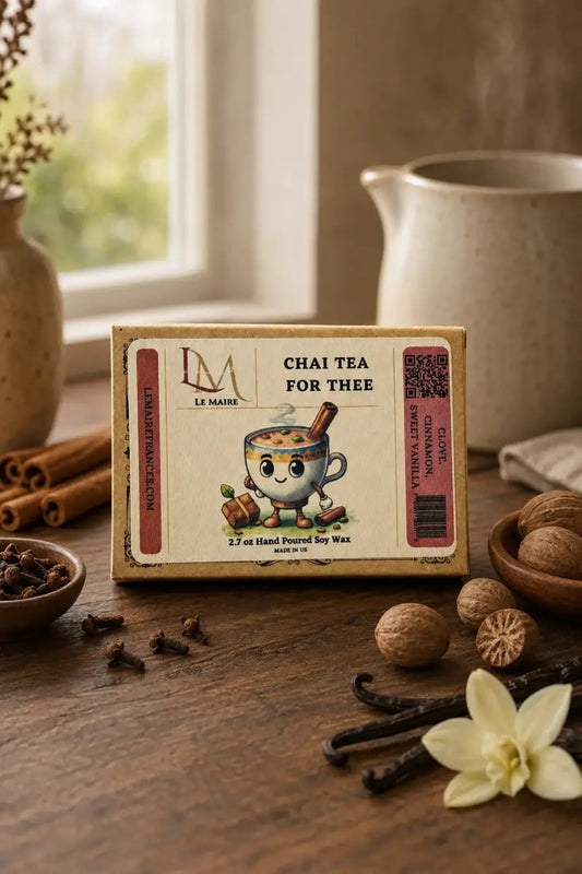 Chai Tea for Thee handmade candle and wax melt with cinnamon, clove, nutmeg and vanilla artwork | Le Maire