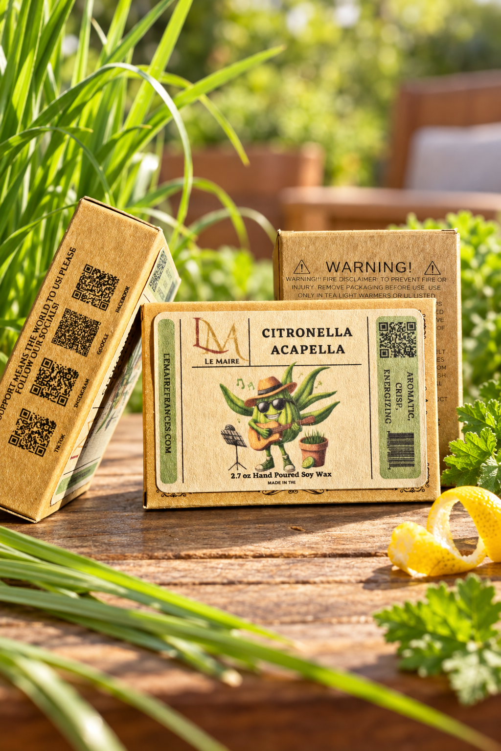 Citronella Acapella wax melt packaging with citronella grass and citrus styling | Le Maire