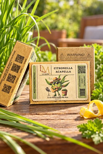 Citronella Acapella wax melt packaging with citronella grass and citrus styling | Le Maire