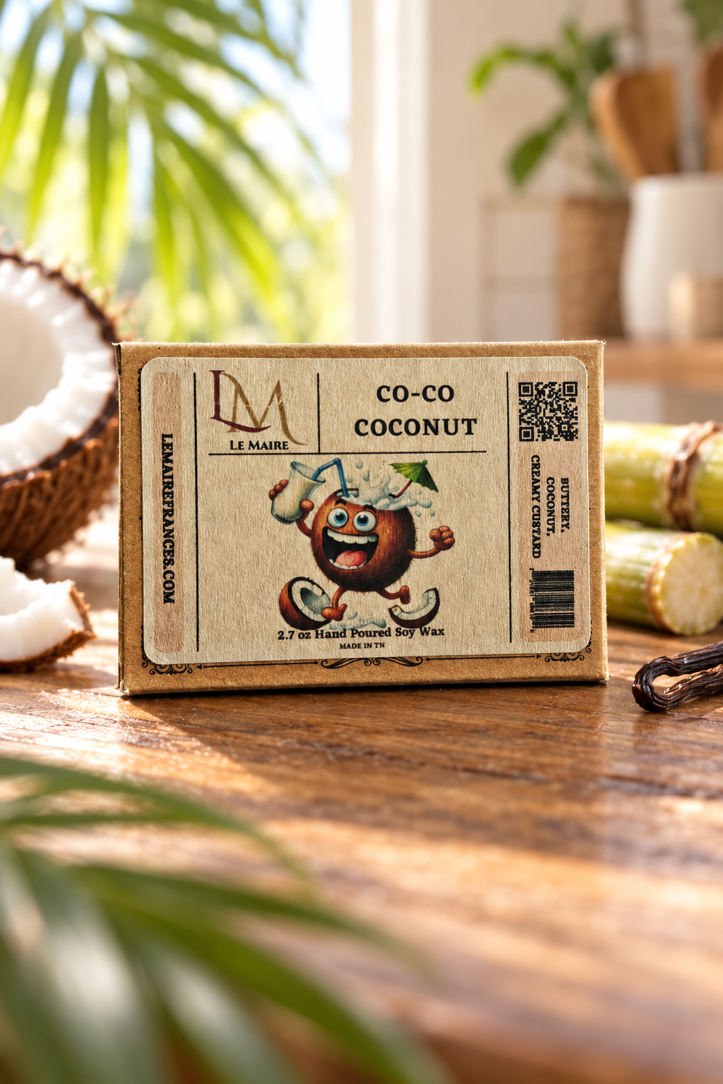 Co-Co Coconut soy wax melt styled with coconut milk, vanilla bean and sugarcane | Le Maire