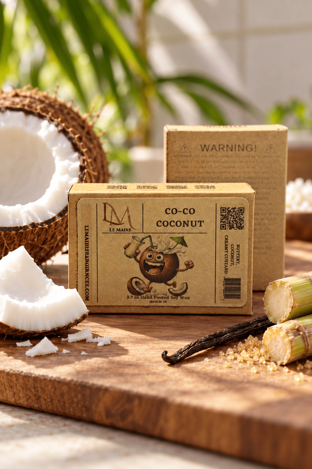 Co-Co Coconut wax melt packaging in a creamy tropical coconut scene | Le Maire