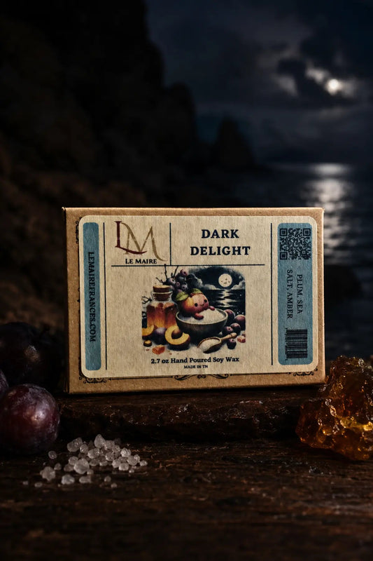 Dark Delight handmade soy wax melt with sea salt, plum, amber and mahogany aroma | Le Maire