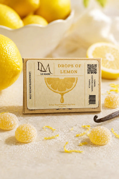 Drops of Lemon handmade wax melt and car air freshener with bright citrus aroma artwork | Le Maire