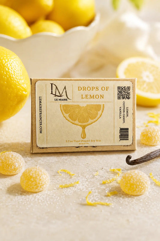 Drops of Lemon handmade wax melt and car air freshener with bright citrus aroma artwork | Le Maire