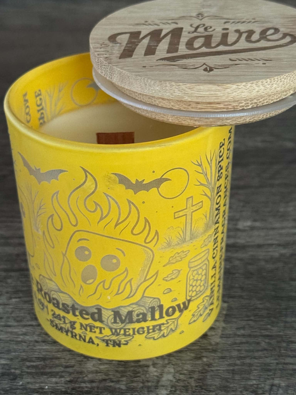 Fire Roasted Mallow soy candle open with smooth wax and wood wick