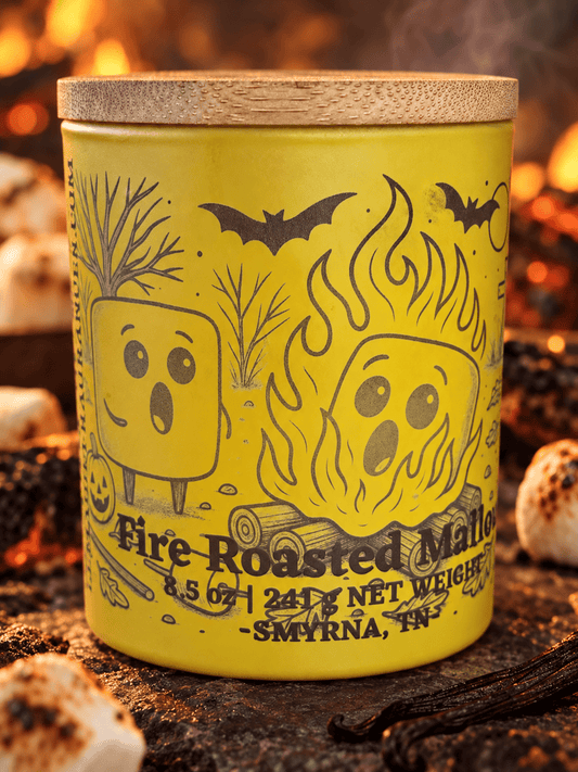 Fire Roasted Mallow 8.5 oz wood-wick soy candle with smooth wax and illustrated jar | Le Maire