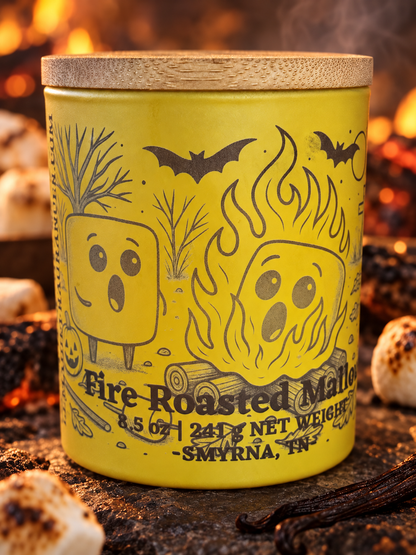 Fire Roasted Mallow candle with toasted marshmallows, charred wood and warm vanilla accents