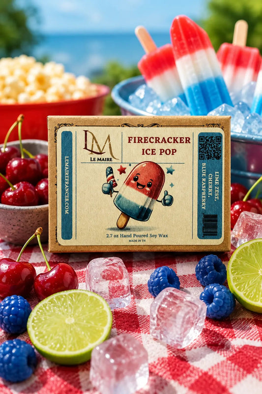 Firecracker Ice Pop wax melt and car air freshener with cherry, lime and blue raspberry artwork | Le Maire
