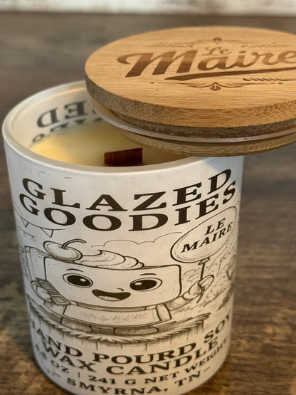 Glazed Goodies cheesecake soy candle open with natural soy wax and wood wick