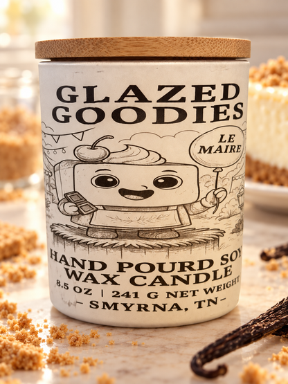 Glazed Goodies candle on a cream bakery counter with cheesecake, graham crumbs and vanilla
