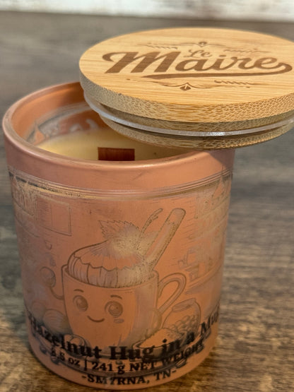 Hazelnut Hug in Mug soy candle open with smooth wax and wood wick