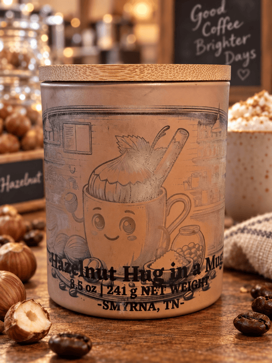 Hazelnut Hug in Mug 8.5 oz wood-wick soy candle with smooth wax and illustrated jar | Le Maire