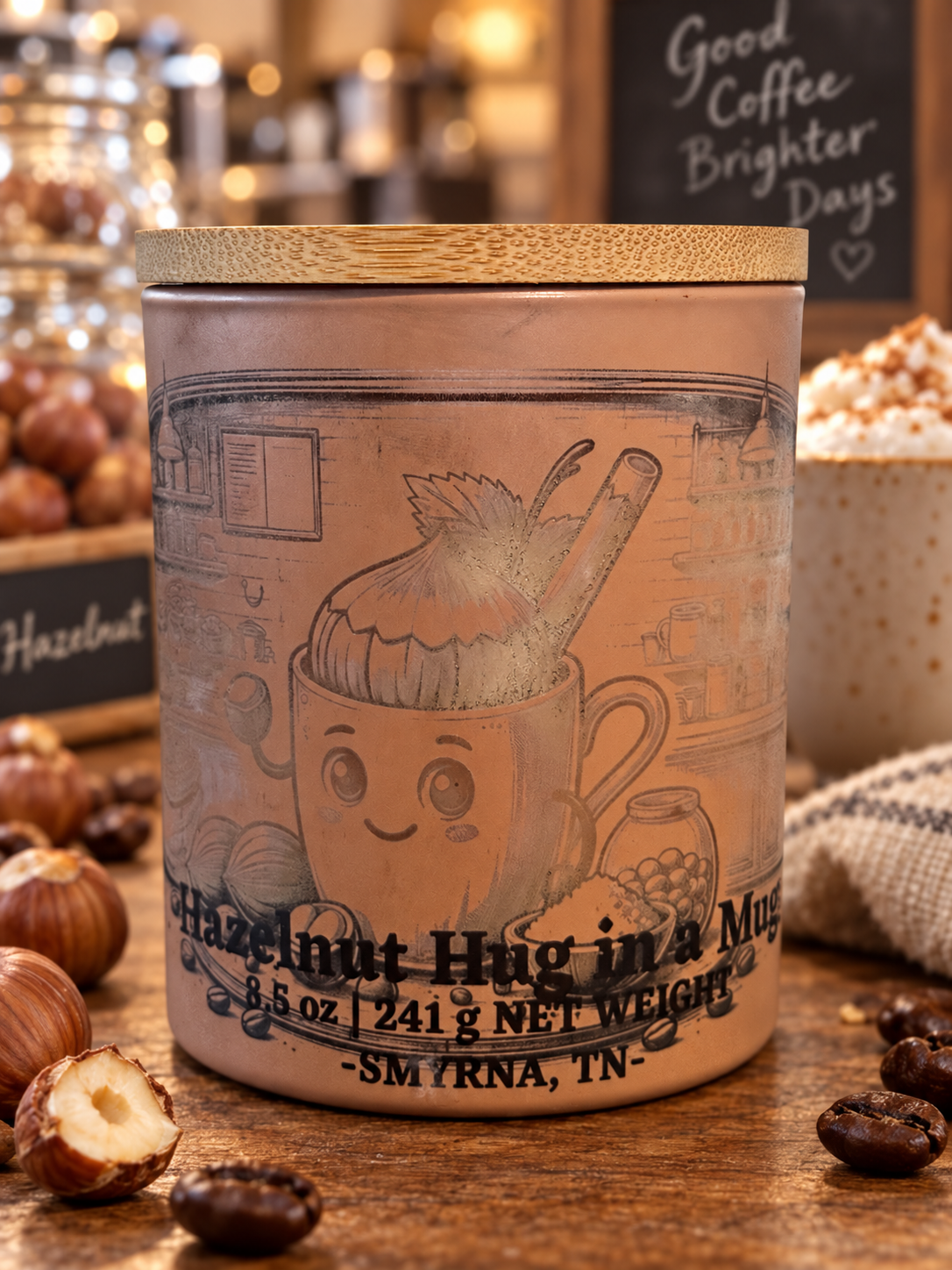 Hazelnut Hug in a Mug candle on a cozy café counter with hazelnuts, coffee and vanilla foam
