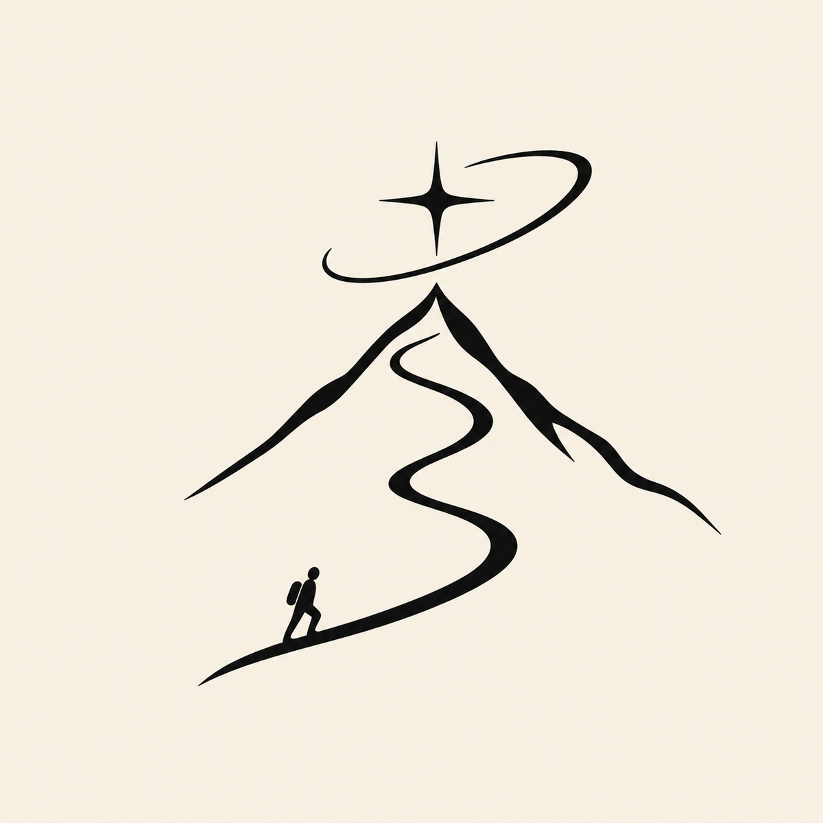 Iter Eau de Parfum journey artwork with a hiker, winding mountain path, and four-point spark with an orbit above the summit