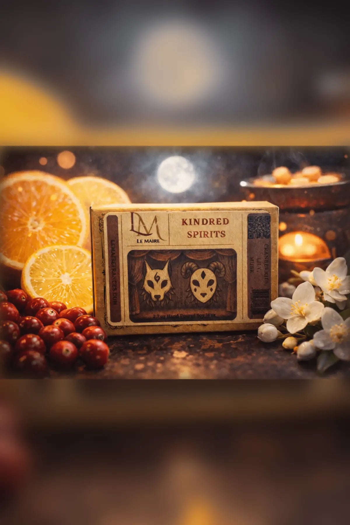 Kindred Spirits candle, wax melt and car air freshener with orange, iced lemon, strawberry, jasmine and moon musk aroma backdrop | Le Maire