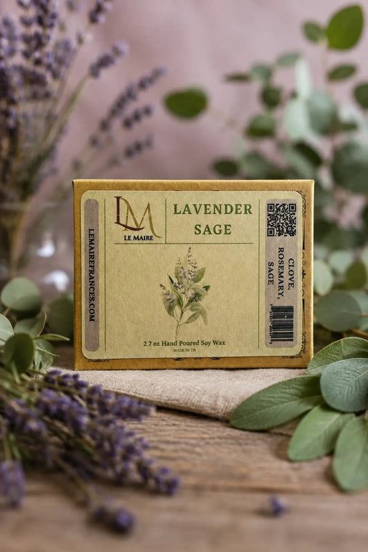 Lavender Sage wax melt and car air freshener with lavender, sage and eucalyptus artwork | Le Maire