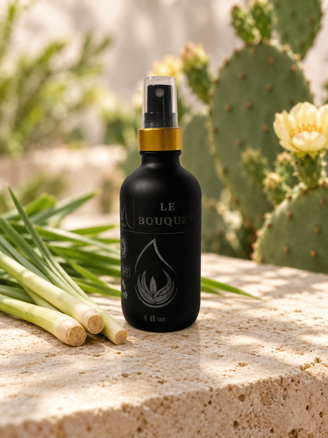 Le Bouquet room spray styled with bright lemongrass and Baja cactus details | Le Maire