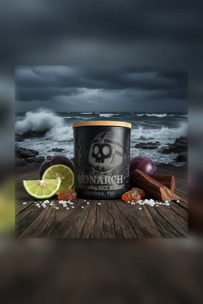 Monarch No. 13 candle and car air freshener with plum, mahogany, amber and sea salt artwork | Le Maire