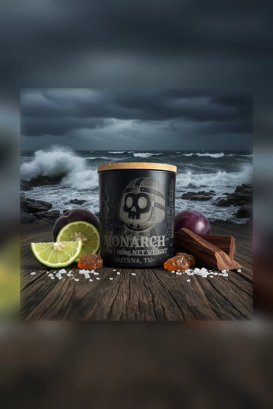 Monarch No. 13 candle and car air freshener with plum, mahogany, amber and sea salt artwork | Le Maire