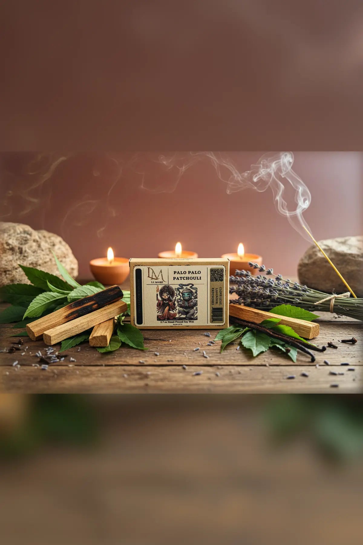 Palo and Chuli handmade candle and soy wax melt with palo santo, patchouli, amber, lavender and vanilla aroma backdrop | Le Maire