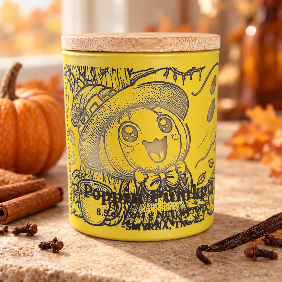 Poppin Pumpkin candle with pumpkin, cinnamon, clove and vanilla accents