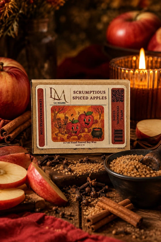 Scrumptious Spiced Apples wax melt, candle and car air freshener with apple spice artwork | Le Maire