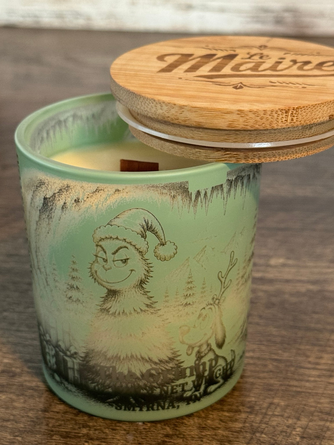 The Grump handmade fir soy candle with smooth wax and wood wick